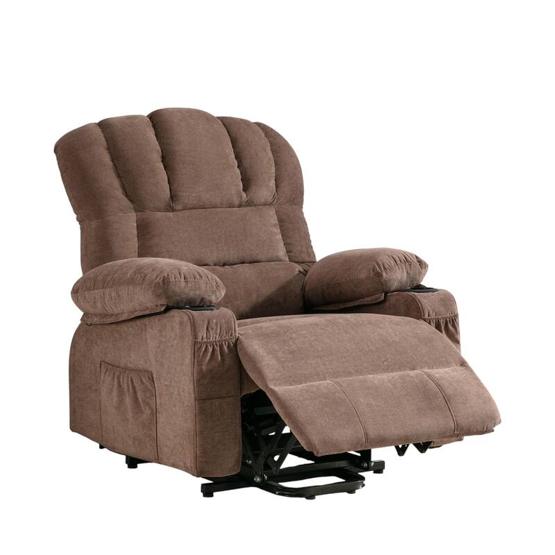 HomeRoots 39" Brown Faux Leather Heated Massage Lift Assist Recliner With USB