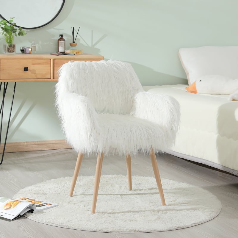 Faux Fur Upholstered Make-up Chair Side Dining Chair with Metal Leg - White
