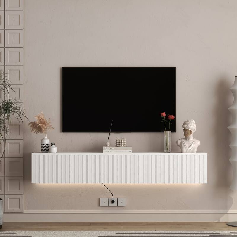 69" Modern TV Stand, Floating TV Stand Wall Mounted with 16 Color LED, Versatile TV Cabinet Entertainment Center with Storage - White