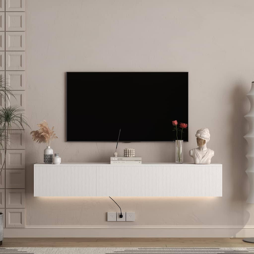 Modern LED Floating TV Stand, White Wall TV Storage Cabinet with Flap Doors, Wood Media Console for TVs Up to 69"