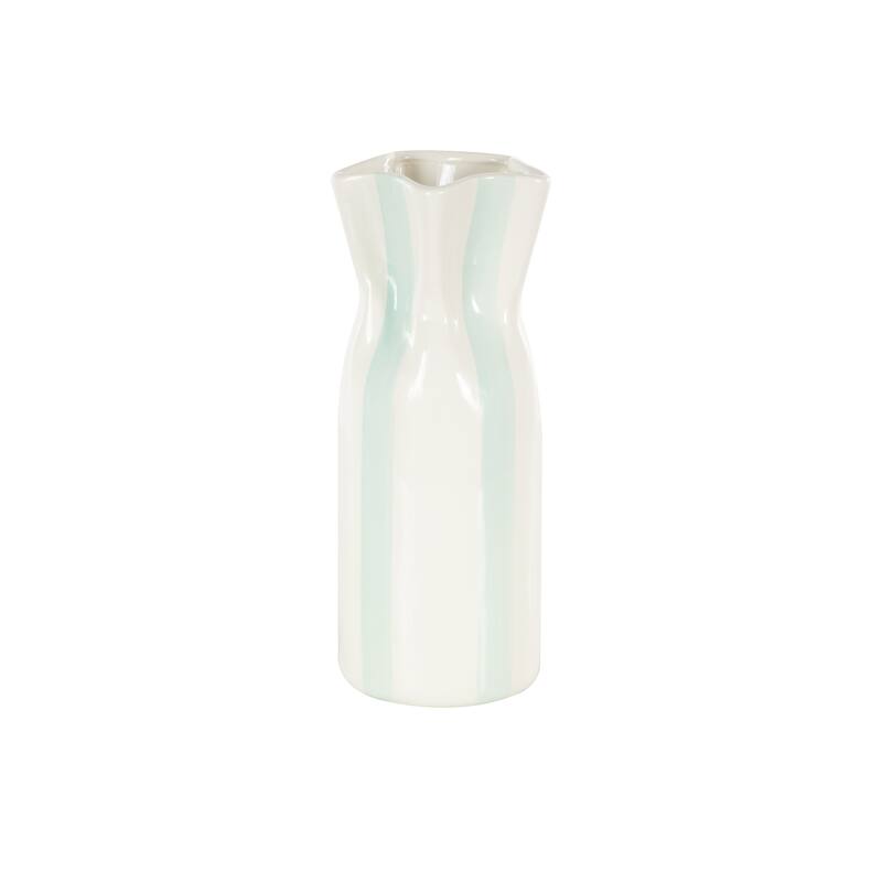 Ceramic Round Decorative Vase with Red or Teal Vertical Stripes - White - Roche River Decor - White - Teal