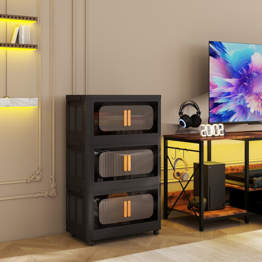 Modern 3-Tiers Folding Plastic Storage Cabinet with Magnetic Door and Bottom Wheels