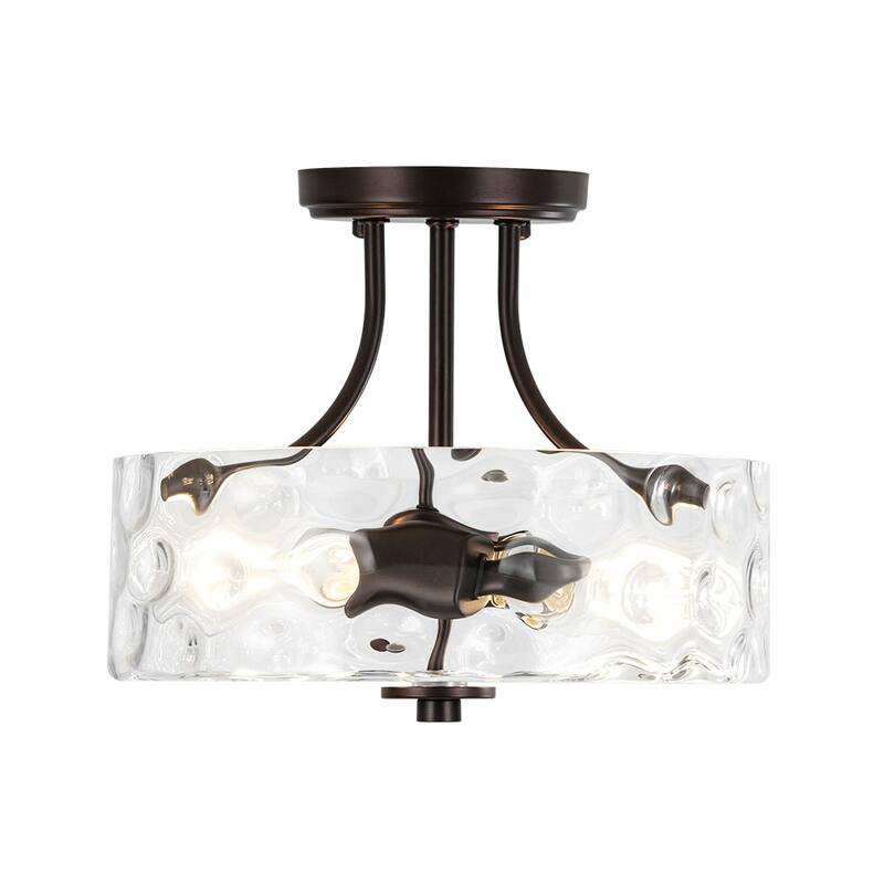 Nickel 2-Light Water Glass Round Semi Flush Ceiling Light - 11.8in