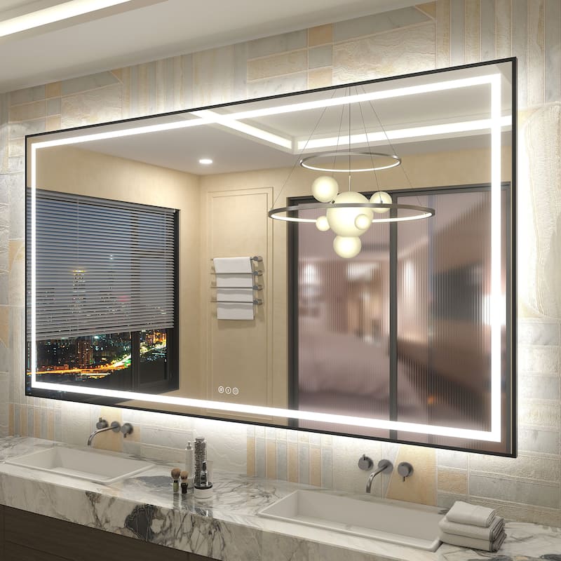 Black Metal Framed LED Front Light and Backlit Anti-Fog Wall Bathroom/ Vanity Mirror - 72" x 40"-Square Corner - Black