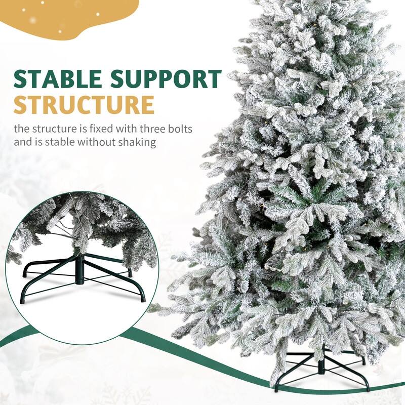 7 FT Pre-lit Snow Flocked Christmas Tree, Artificial Hinged Xmas Pine Tree for Holiday Party Office Home, Snowy Green