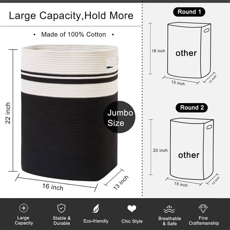 Tall Cotton Storage Basket with Handles - 16"L x 13"W x 22"H