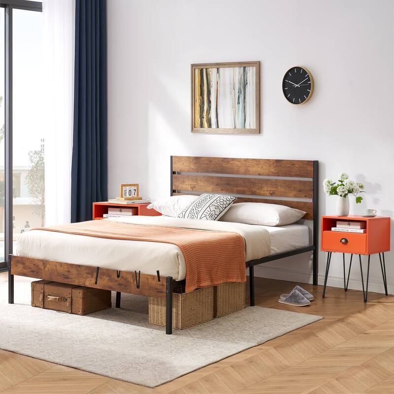 3-Pieces Bedroom Set with Rustic Brown Platform Bed Frame and Nightstands Set of 2