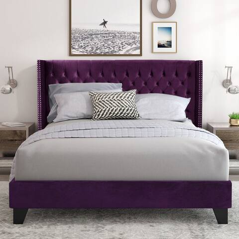 Aliyah Velvet Upholstered Platform Bed Deep Button Tufting, PURPLE