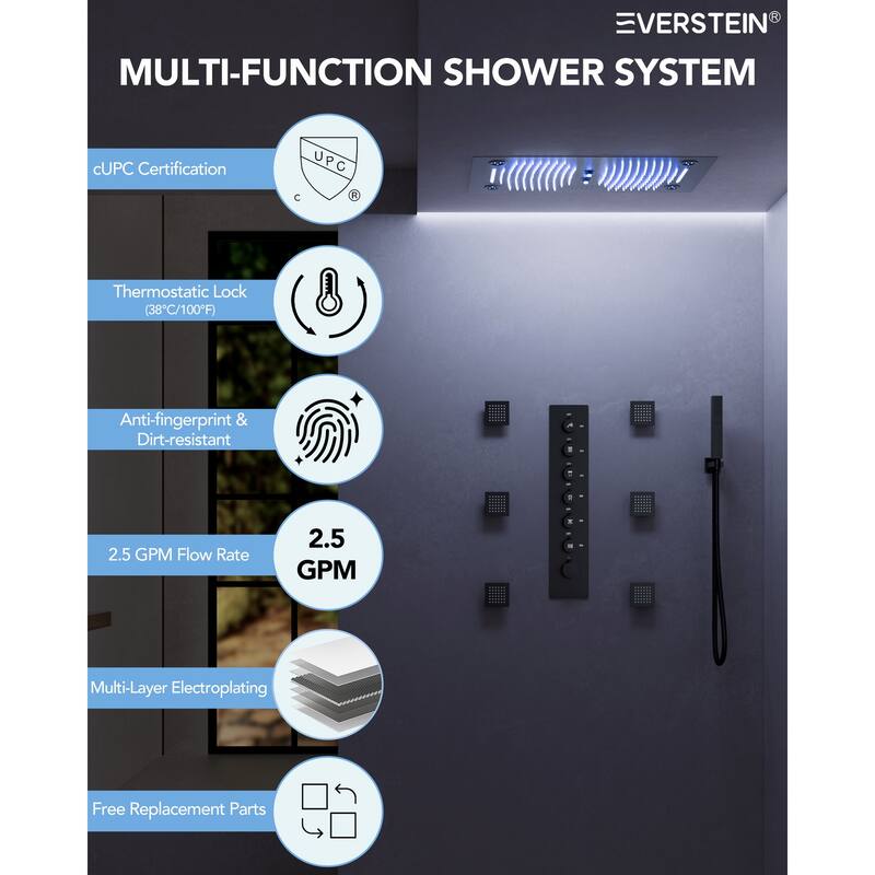 Shower Faucet System 28"*16" Ceiling Mount Shower Head with 4 Spray Mode Body Jets Handheld Spray LUXURY LED