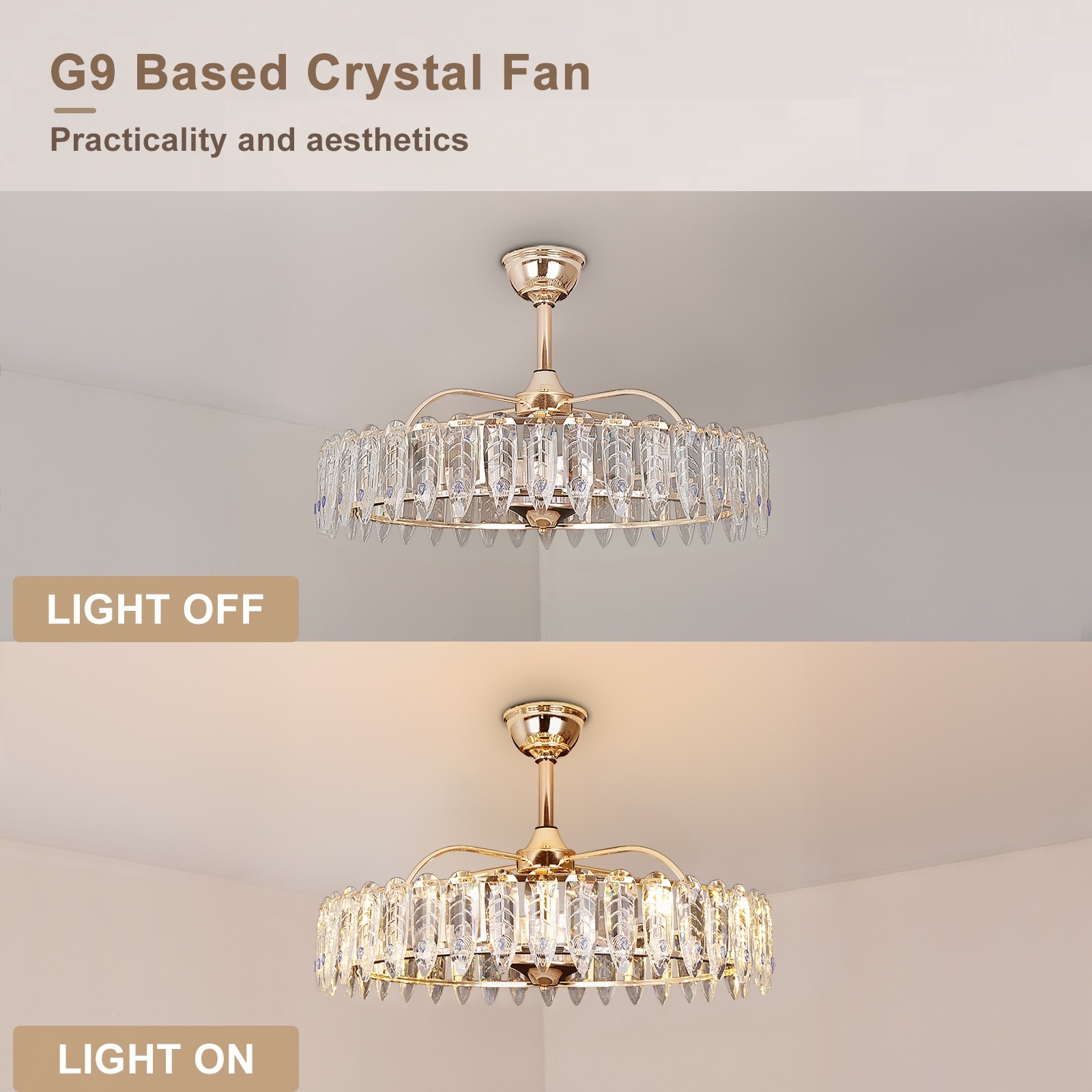 Gold Crystal Chandelier Ceiling Fan with Reversible Motor