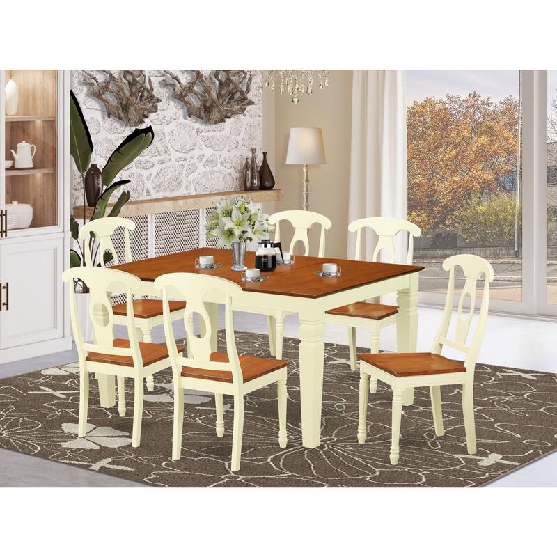 HomeStock 7-Piece Buttermilk and Cherry Finish Solid Wood Top Dining Table with 6 Chairs with Lattice Back