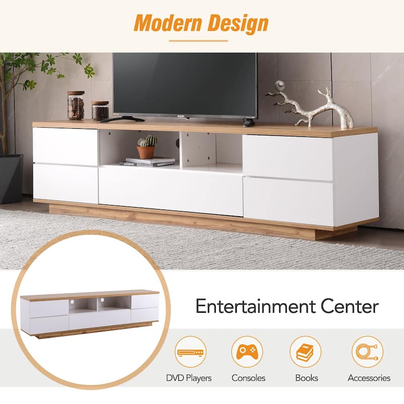 White+Natural 70.8" TV Stand with Multi-Functional Storage and Door Rebound Device for TVs Up to 80"