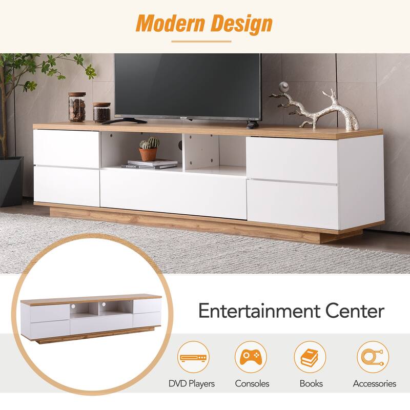 Wood TV Stand with Door Rebound Device, Entertainment Center with Storage Cabinets, Media Console Table with Open Shelves