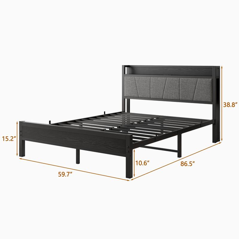 Queen/Full/Twin Size Bed Frame with Storage Headboard and Charging Station, Noise Free