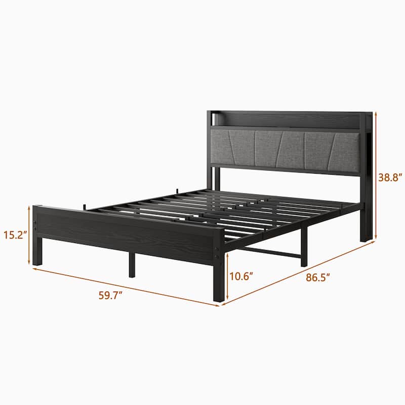 Queen Storage Bed Frame with Charging Station, Upholstered Headboard, No Box Spring Needed, Easy Assembly