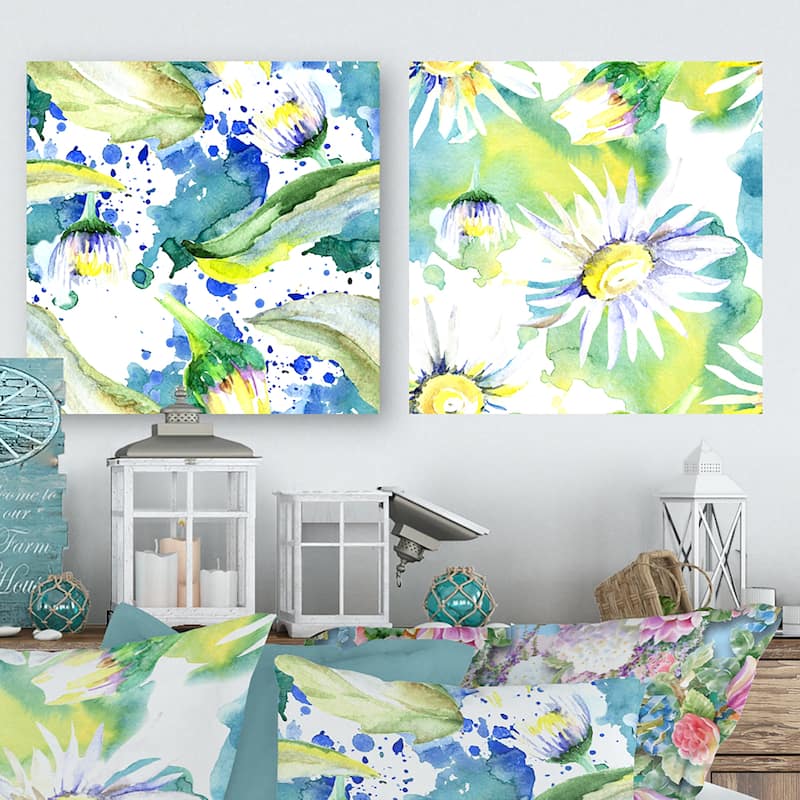 Designart 'Daisy Flowers Aquarelle Impression Collection' Flower Set of 2 Pieces - 16" W x 16" H x 1" D x 2 Pieces