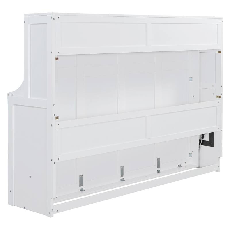 Full Size Wall Murphy Bed with Desk & Storage Shelf, Solid Wood Platform Bed Frame w/Hydraulic Lift for Guest Room Home Office