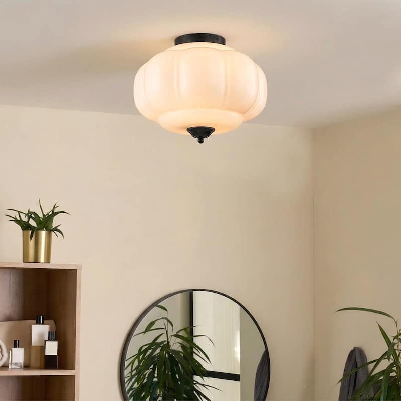 3-Light Transitional Metal & Glass Flush Mount with Charming Pumpkin Milk Glass Shade for Living Room - 15 in. W x 13 in. H