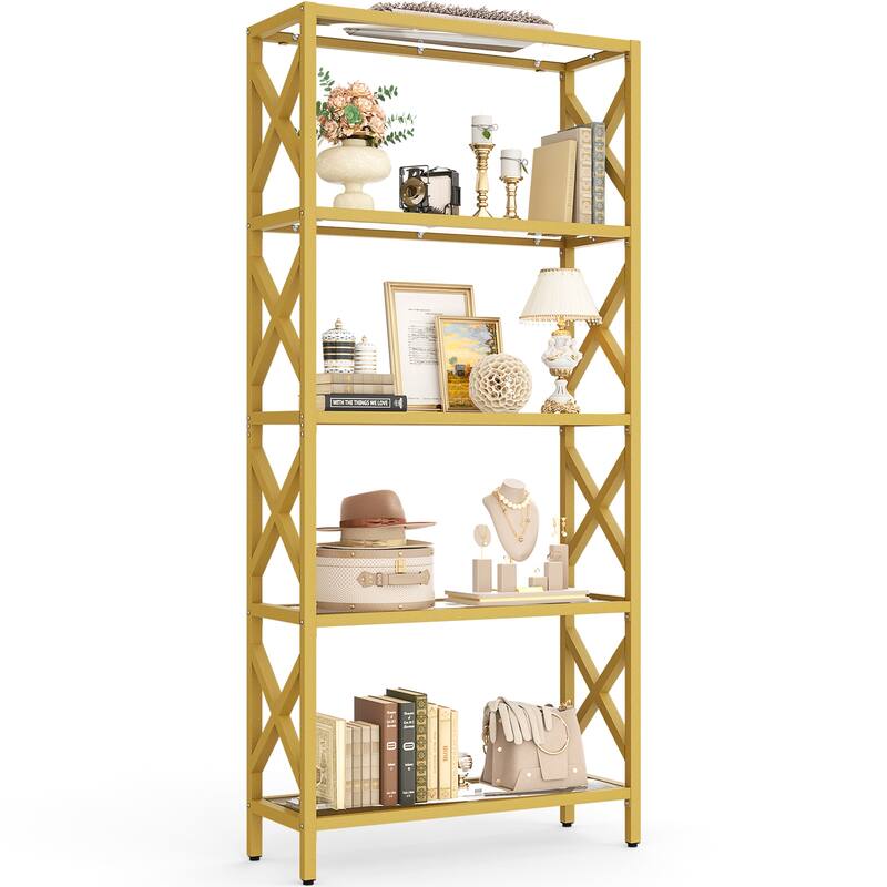 Modern Gold Bookshelf with Tempered Glass Shelves, 3-5 Tires Display Storage Shelving