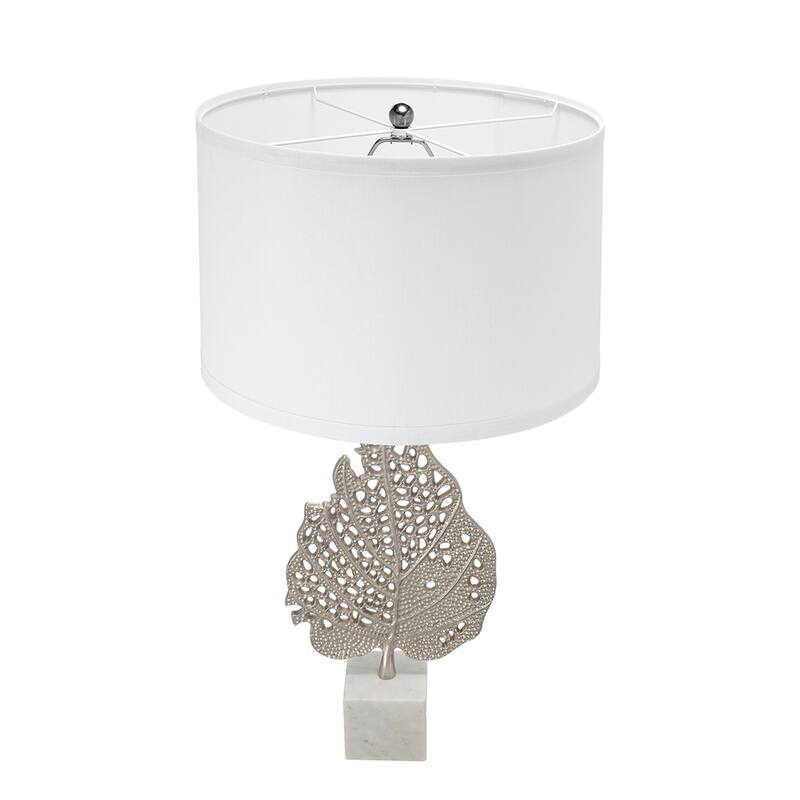 D15x29.3" White and Silver Leaf Table Lamp with Drum Shade and Marble Base (Lamp Shade Assembly Required)