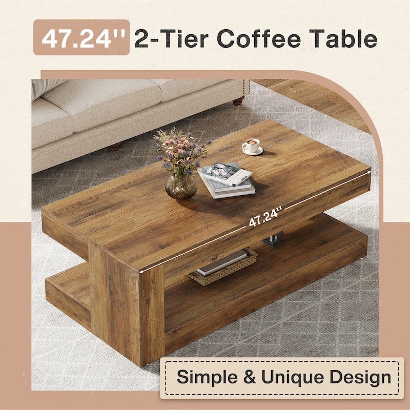 47-Inch Rectangular Coffee Table with Storage for Living Room, Grey - 23.62" D x 47.24" W x 19.69" H