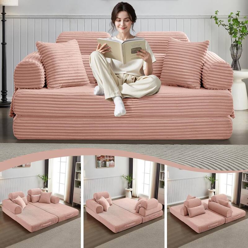 Convertible Sleeper Sofa Bed, 78.5" Corduroy Foldable Loveseat Sofa, King Size Floor Mattress Couch, No Assembly Required - Pink