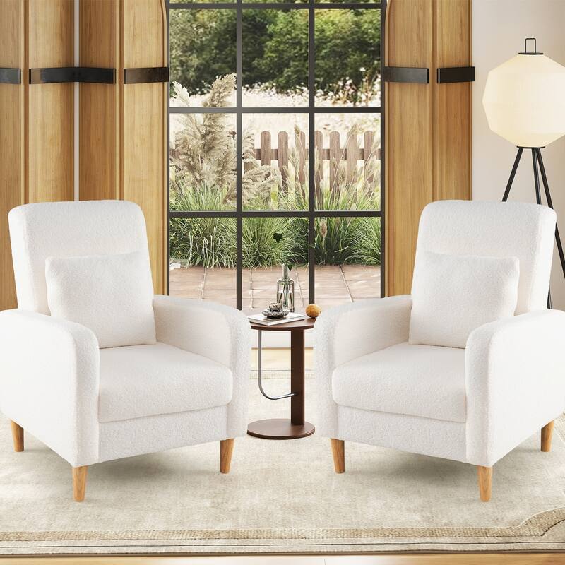 White Teddy Fleece Accent Chair with Lumbar Pillow and Wood Legs - 27.5" × 30" × 36.5"