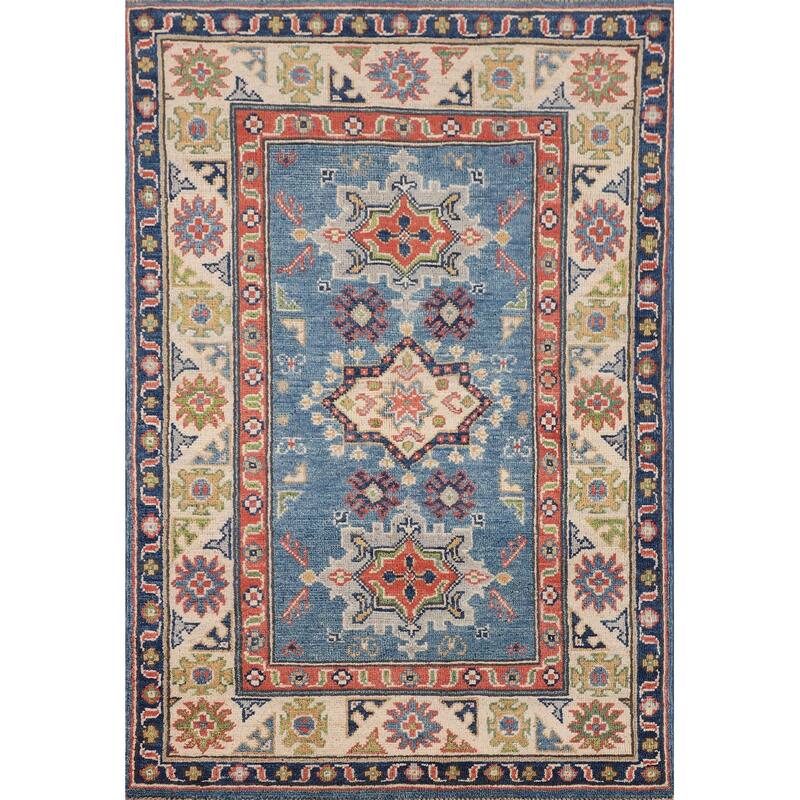 Blue Geometric Kazak Accent Rug Handmade Wool Carpet - 2'8" x 4'3"