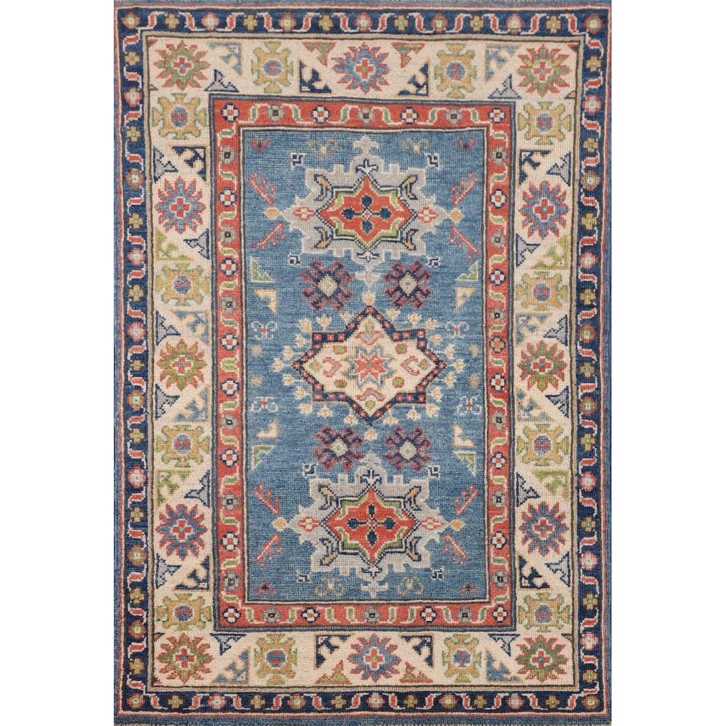 Blue Geometric Kazak Accent Rug Handmade Wool Carpet - 2'8" x 4'3"