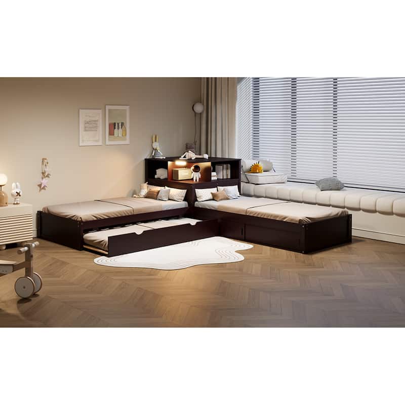Roomfitters Twin L-Shaped Platform Bed with Trundle, Storage Cabinets and LED Desk