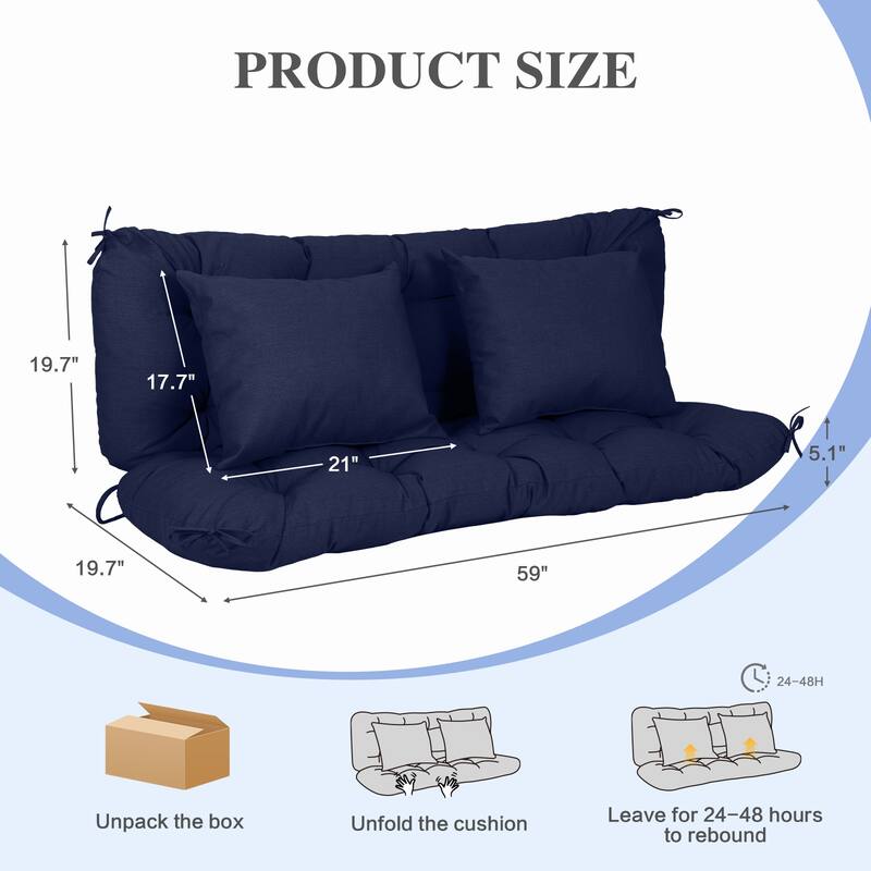 Aoodor 59" Tufted Porch Swing Cushions, Outdoor Swing Replacement Cushion 2-3 Seater with Backrest and 2 Pillows