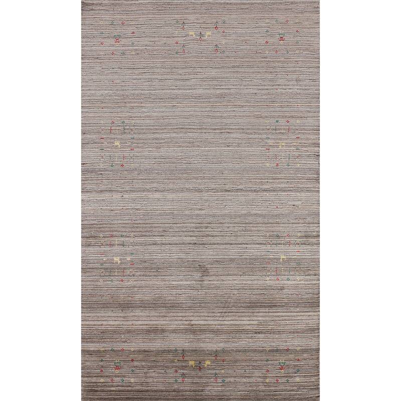 Earth Tone Striped Gabbeh Indian Area Rug Hand-Knotted Wool Carpet - 4'11" X 8'0"