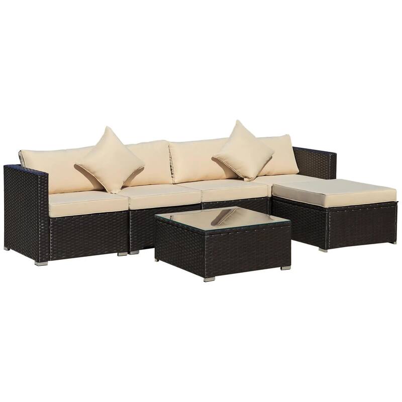 6 Piece Patio Furniture Set, Ottoman, Cushions and Glass Table