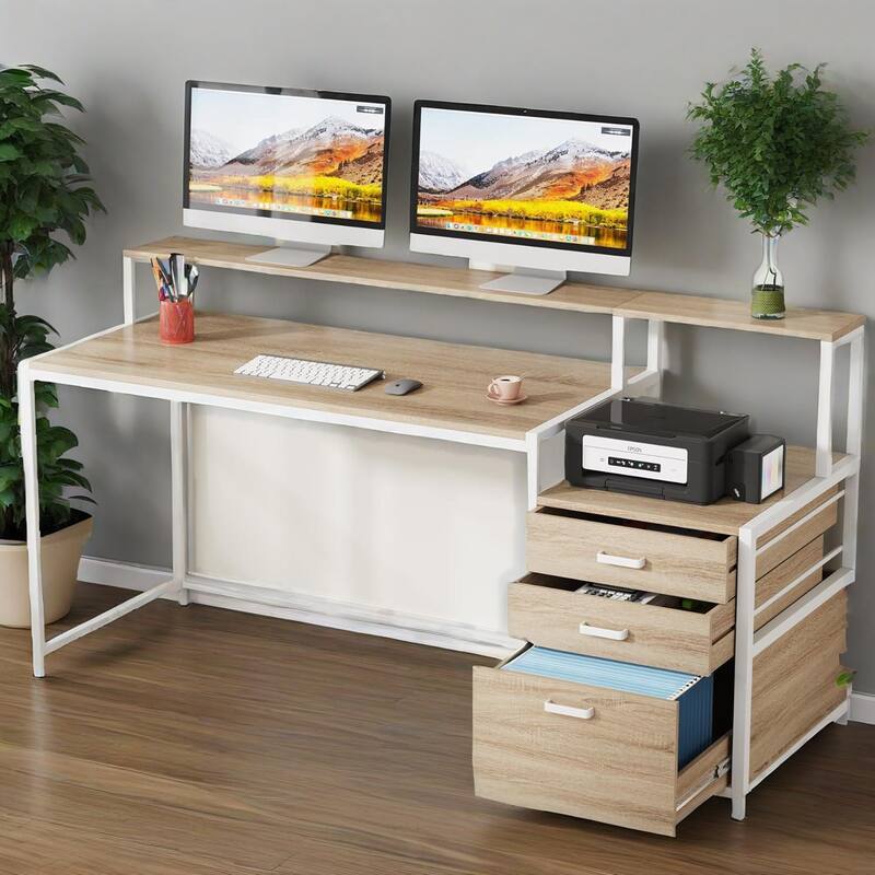 Ergonomic Computer Desk with Elevated Monitor Stand Two Tier Desktop and File Cabinet Sturdy