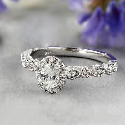 Auriya 14k Gold Vintage Oval-cut 5/8ctw Halo Diamond Engagement Ring