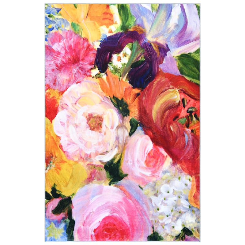 Yellow and Violet I, Hand Washable Flowers Art Area Rug, power-loomed, 100% polyester, 2mm pile, non-slipping back