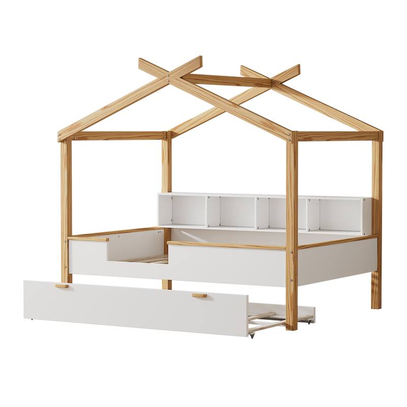 White Full Size Wooden House Bed with Original Wood Colored Frame Twin