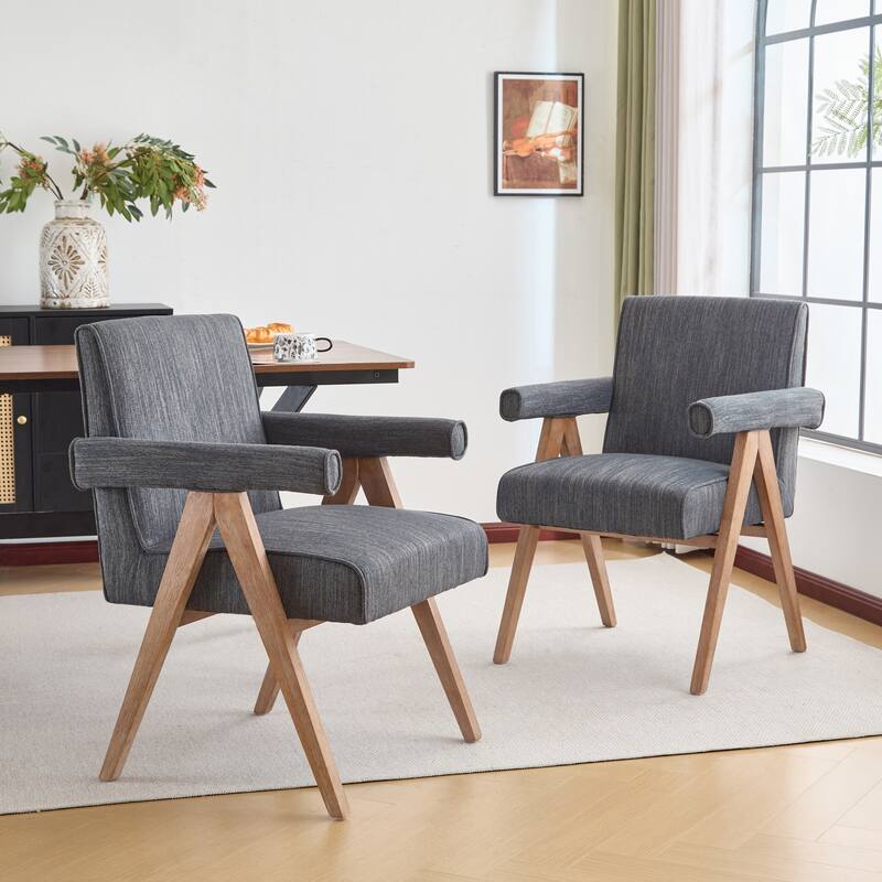 Christopher Knight Home Poppy Fabric Arm Dining Chair (Set of 2) - Charcoal+Weatered natural finish