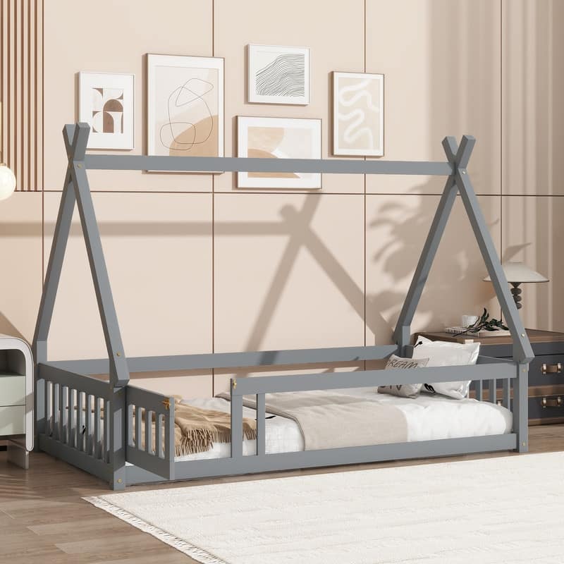 Twin Size Tent-shaped Floor Bed with Guardrails,Slats and Door - Grey