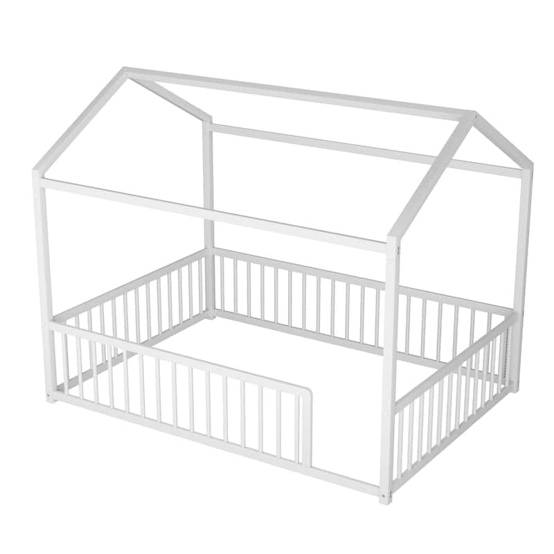 Montessori Metal House Bed with Low Entry & 3-Side Fence by Harper&Bright Designs