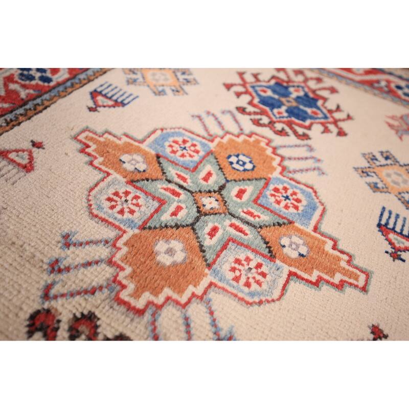 Ivory Geometric Kazak Oriental Foyer Rug Hand-Knotted Wool Carpet - 2'0" x 3'0"