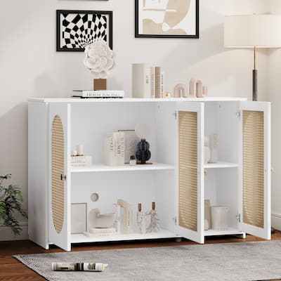 3-Door Sideboard with Large Storage Space Artificial Rattan Doors,Metal Handles,Buffet Cabinet,Kitchen Accent Cabinet