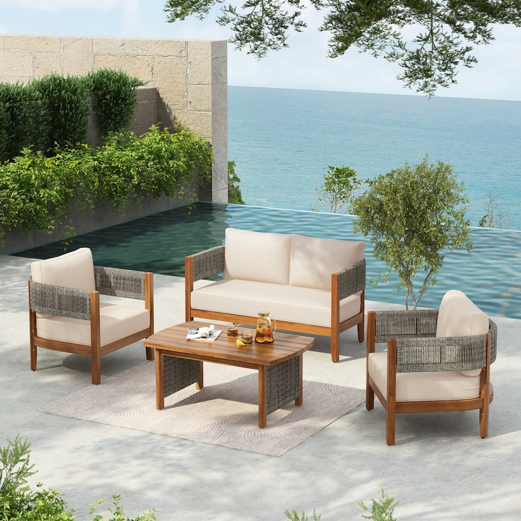 Christopher Knight Home - Evadne Acacia Wood Outdoor 4 Piece Chat Set