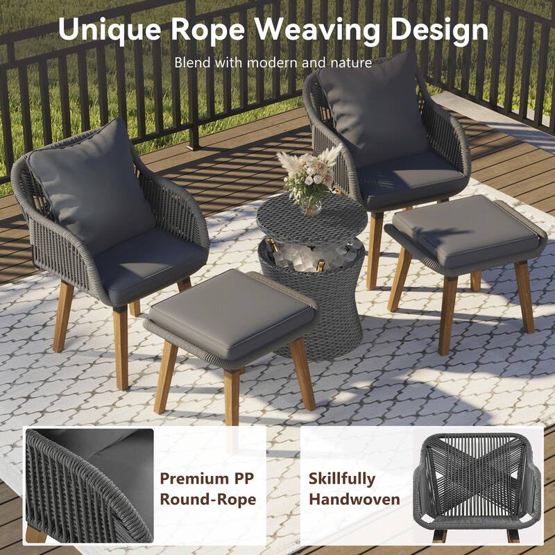 5-Piece Patio Furniture Conversation Set with Wicker Cool Bar Table and Ottomans