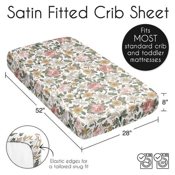 Sweet Jojo Designs Vintage Floral Boho Girl Satin Fitted Crib Sheet Blush Pink Bohemian Shabby Chic Farmhouse Sage Green White