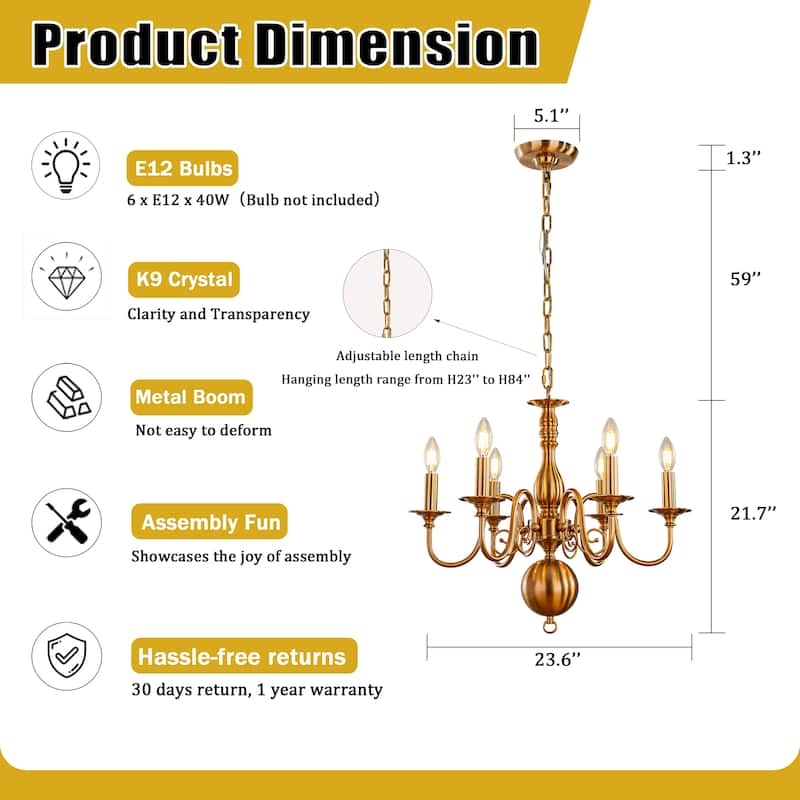 French Country Dimmable Antique Brass Chandelier Adjustable Chain Vintage Pendant Light for Dining Room