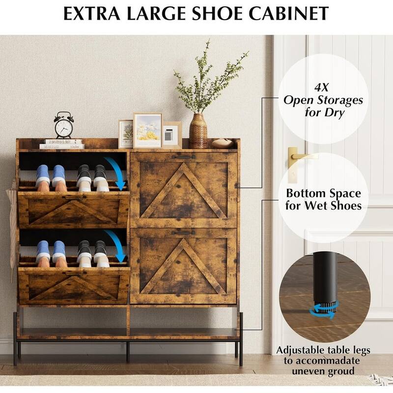 Shoe Cabinet with 4 Flip Drawers and Open Shelves