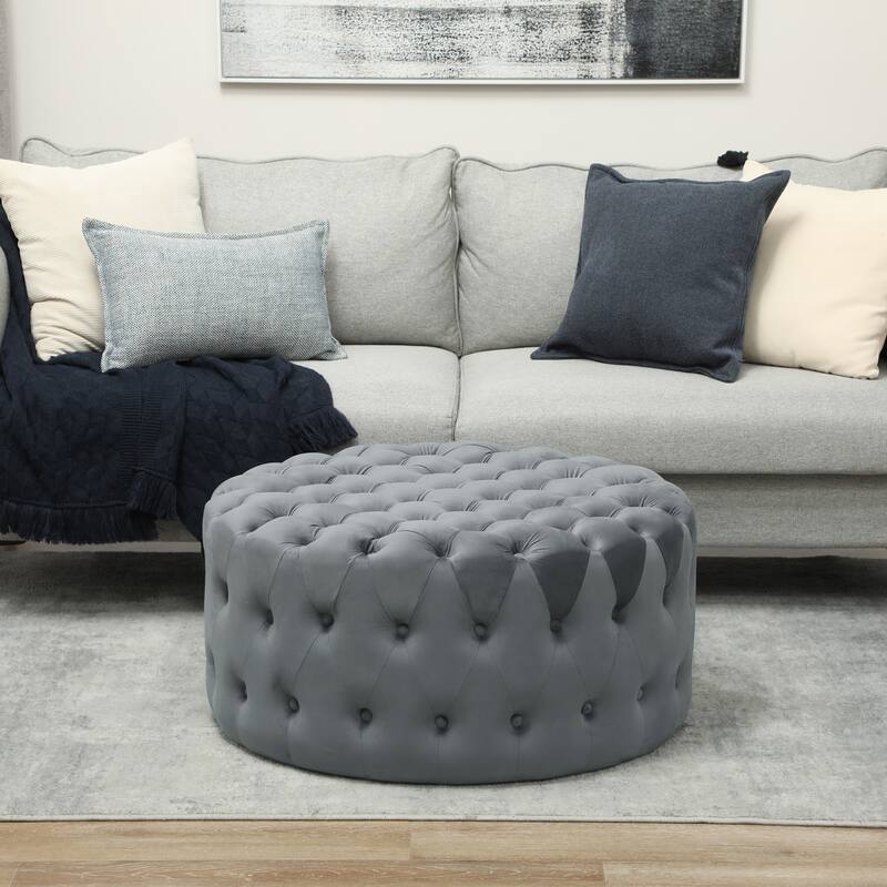 Dark Grey Polyester Velvet Ottoman Bench with Button Tufted Design