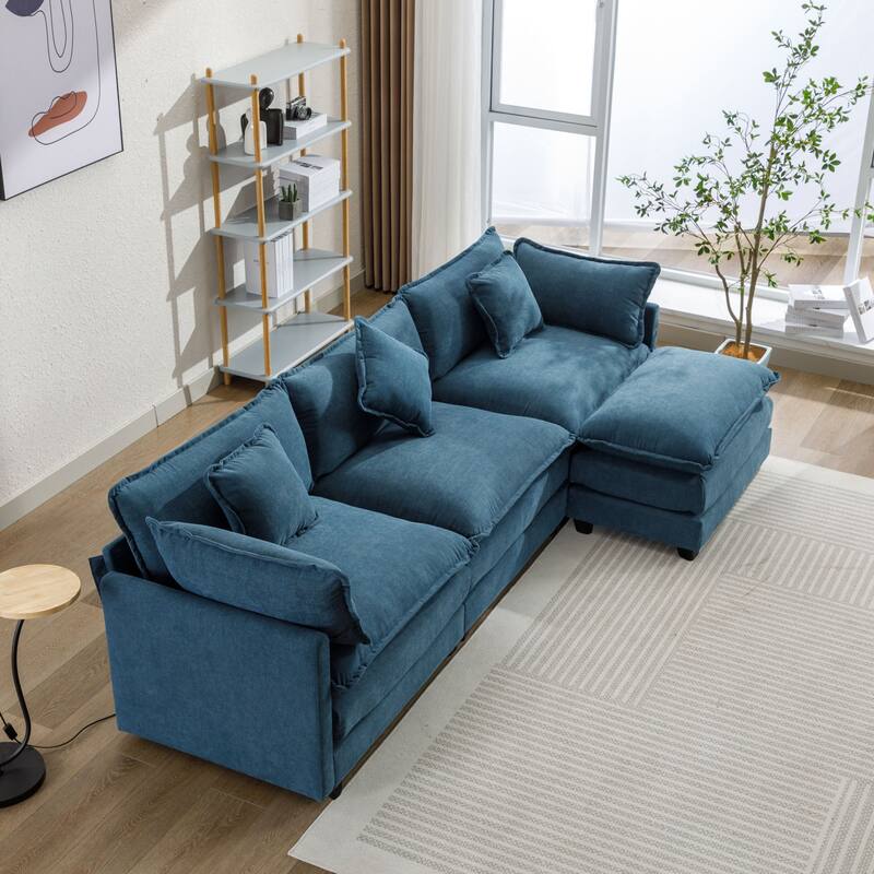Blue 112.2" Modern L-Shaped 4-Seat Sectional Sofa with Removable Ottoman, 5 Plush Pillows, and Sturdy Frame