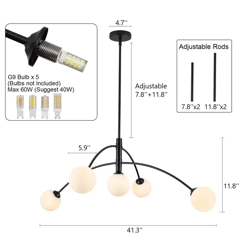 5 - Light Dimmable Modern Linear Globe Chandelier
